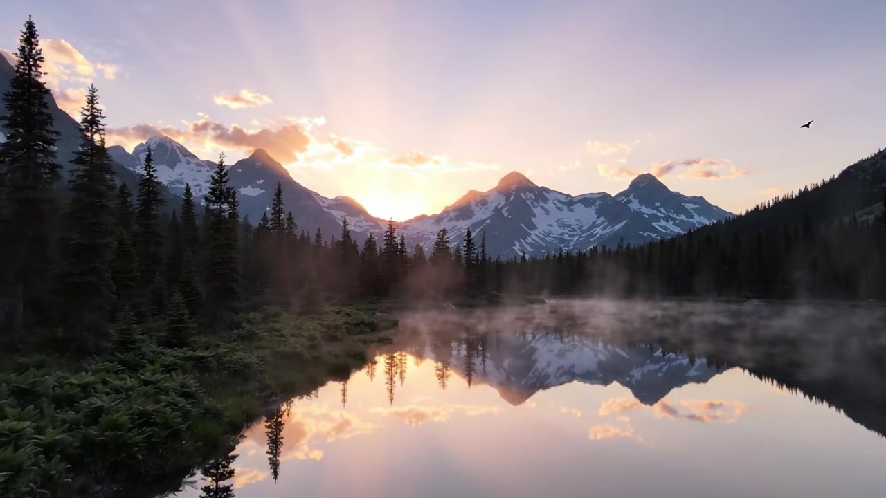 Splendidi riflessi al crepuscolo: Un paesaggio sereno con montagne maestose e un lago calmo, circondato da una vegetazione lussureggiante nel dolce abbraccio dell'alba.