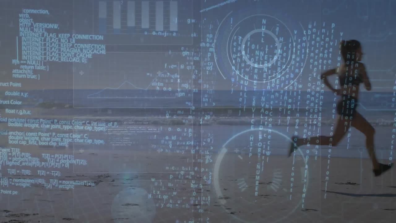 animación del procesamiento de datos sobre una mujer caucásica corriendo en la playa