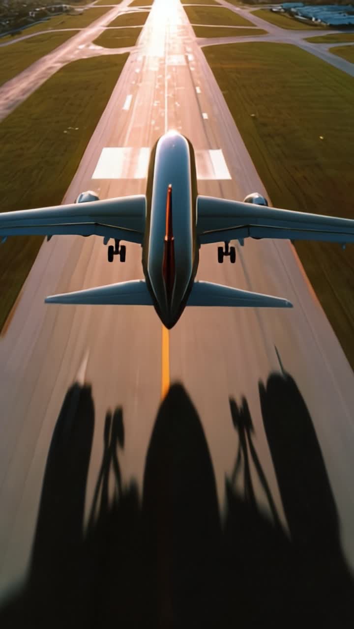 Vista aérea de un avión comercial aterrizando en una pista bañada por la cálida luz dorada del atardecer, proyectando una larga sombra sobre el asfalto en un cielo vibrante