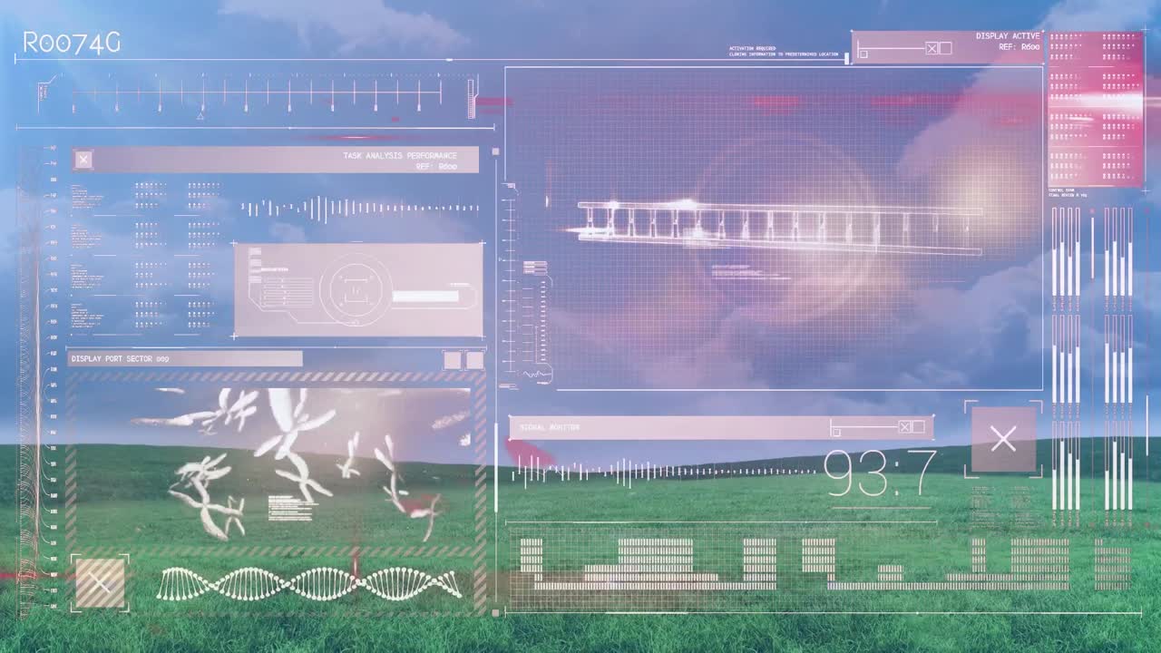 animación de diversos datos en una pantalla digital sobre el paisaje