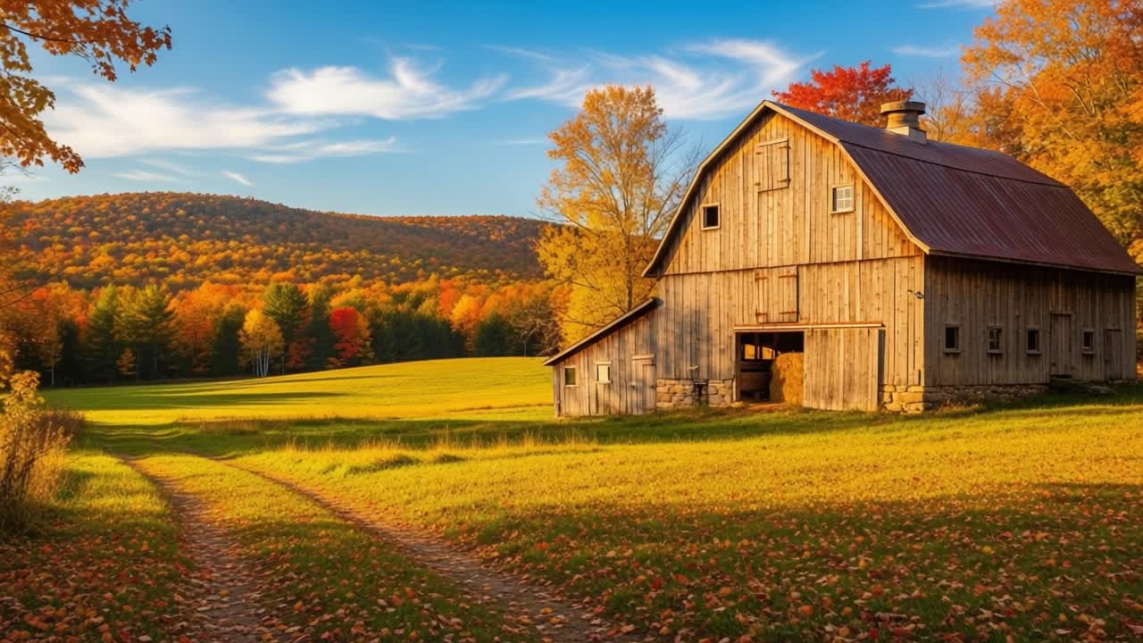 A Stunning Autumn Landscape Featuring a Rustic Barn Nestled in Vibrant Fall Foliage with Rolling Hills and a Serene Pathway Under a Clear Sky