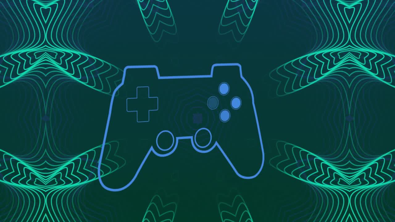 Animation of game controller over abstract patterns against blue background