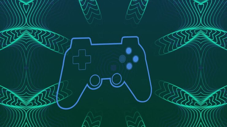 Animation of game controller over abstract patterns against blue background