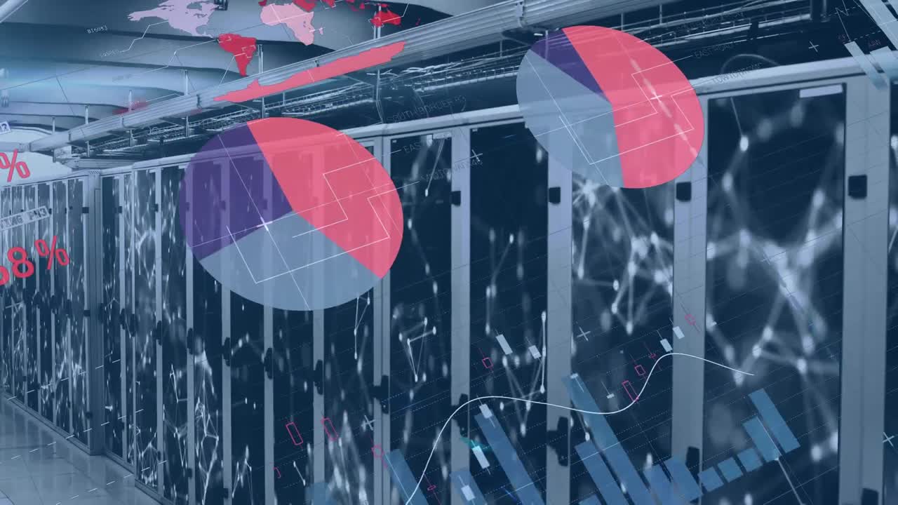 animación del procesamiento de datos estadísticos y la red de conexiones contra la sala de servidores informáticos