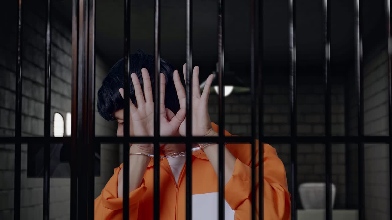 близкий взгляд на азиатского мужчину-заключенного в наручниках, стоящего в тюрьме, показывающего знак ладони выражение нежелания быть захваченным камерой