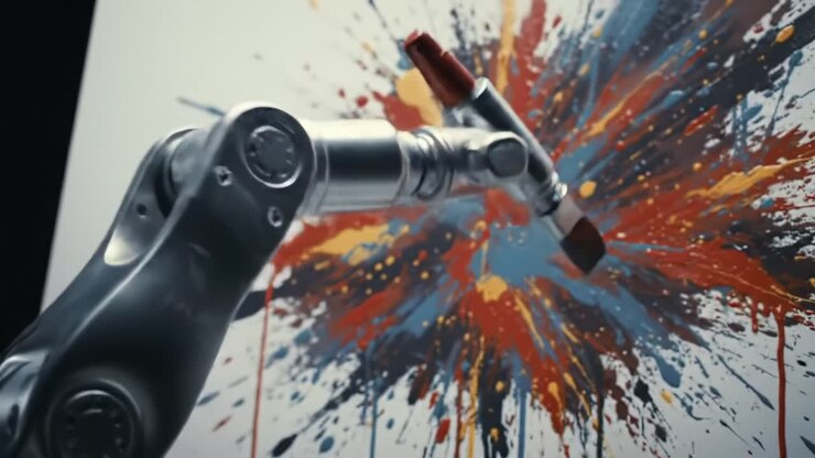 Un viaggio artistico: un braccio robotico che crea una vivace e dinamica esplosione di colori su aree di lavoro, mettendo in mostra la tecnologia moderna nell'espressione creativa