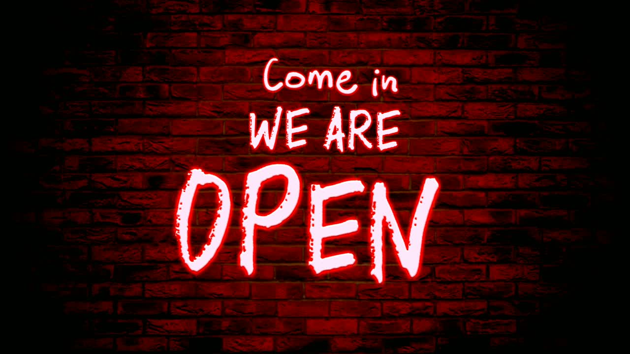 ven, estamos abiertos a la luz de neón texto animación gráficos de movimiento con fondo de pared de ladrillo