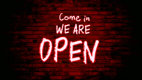 come in we are open neon light text animation motion graphics with brick wall background