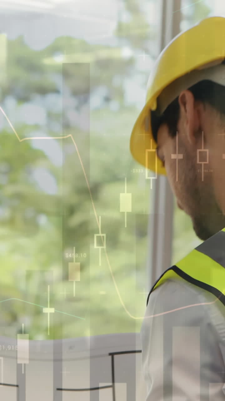 animación del procesamiento de estadísticas sobre los planos de mantenimiento de arquitectos masculinos y femeninos en el sitio de construcción