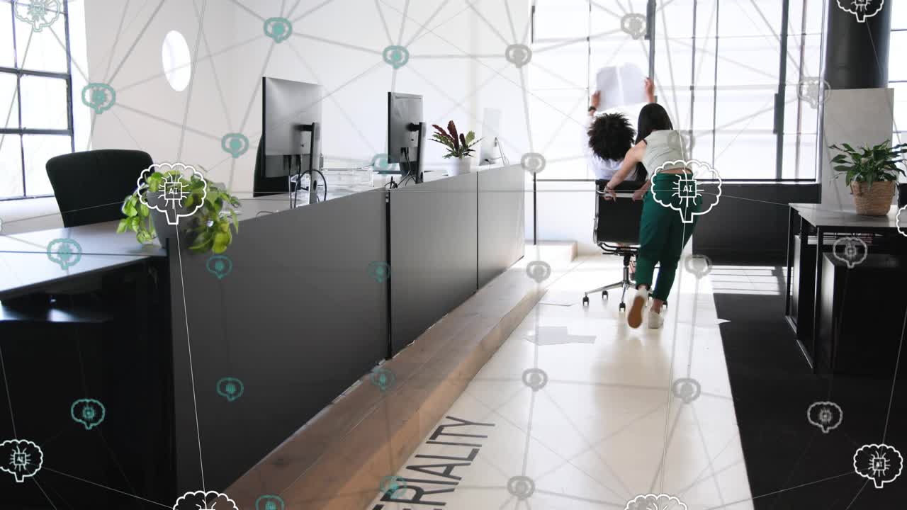 Woman pushing rolling chair, man holding papers wobbling and waving while creating fun office scene