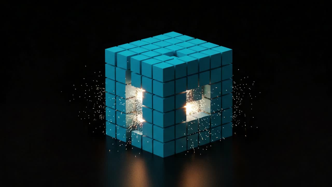 An Enigmatic Cube Illuminated: A Journey Through Transformation and Energy with Sparks Emanating from a Vibrant Blue 3D Structure