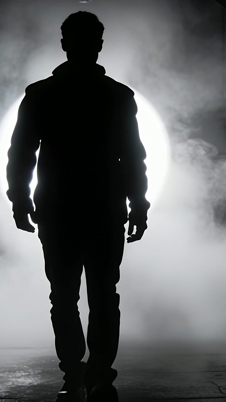 Video vertical: Hombre caminando hacia la cámara en el escenario después de la señal de entrada, con niebla y contraluz.