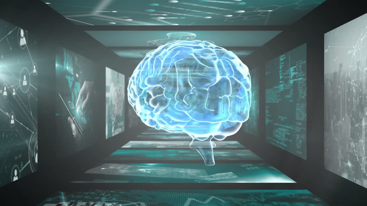 Animation of human brain over data processing on screens