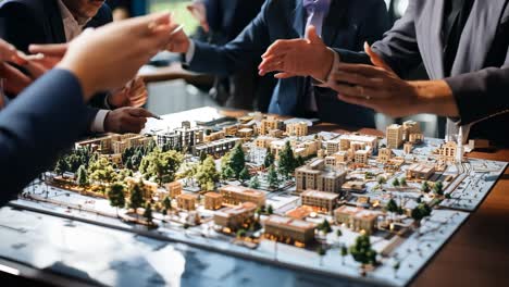 team collaborates on urban planning model during a strategy meeting