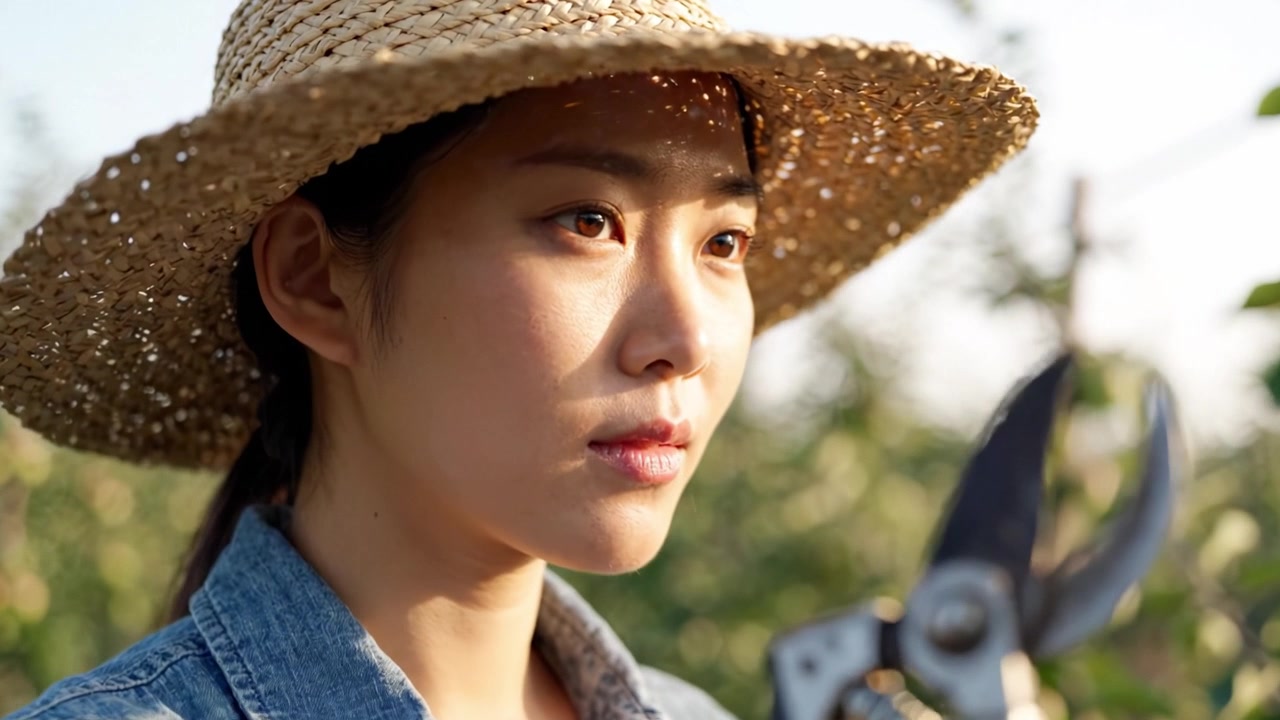 Una donna dedita con un cappello di paglia si concentra sul suo lavoro, curando le sue piante con cura e precisione in un frutteto illuminato dal sole, incarnando la bellezza della natura e dell'agricoltura.