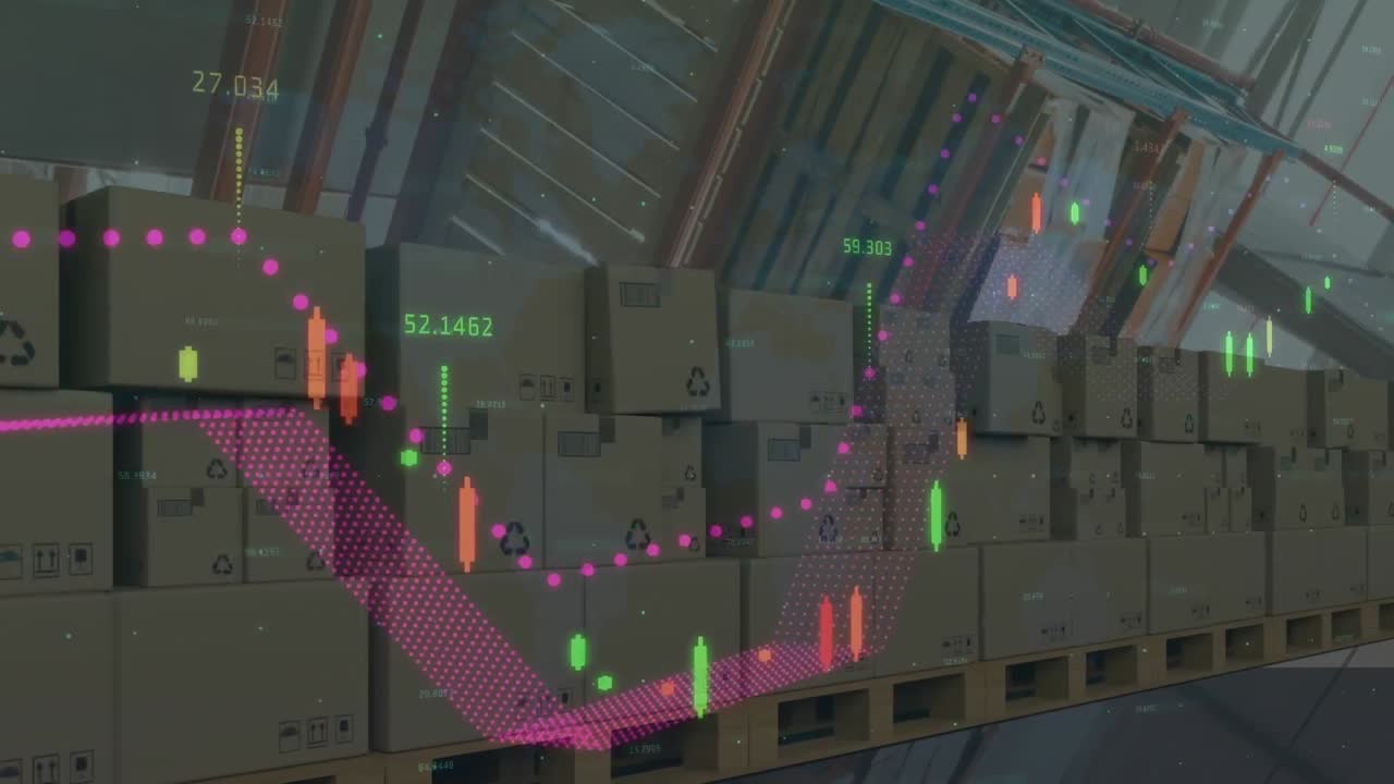 배경에 있는 카드보드 상자  ⁇ 어리 위에서 통계 처리의 애니메이션