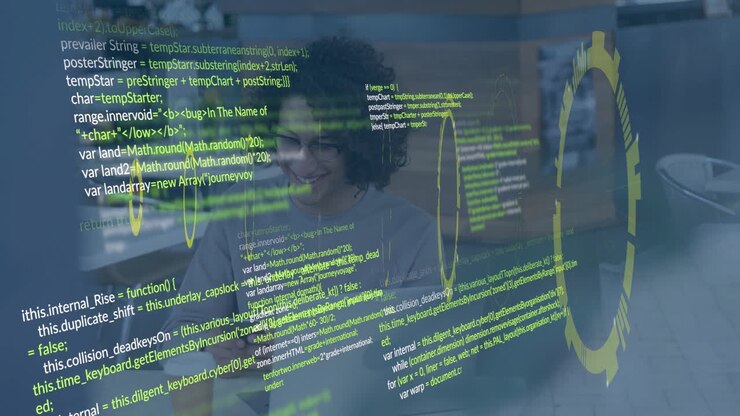 Displaying green coding text and animation, person smiling behind transparent screen