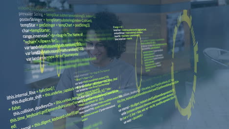 Displaying green coding text and animation, person smiling behind transparent screen