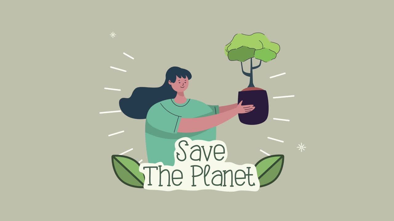 save the planet lettering with woman lifting plant