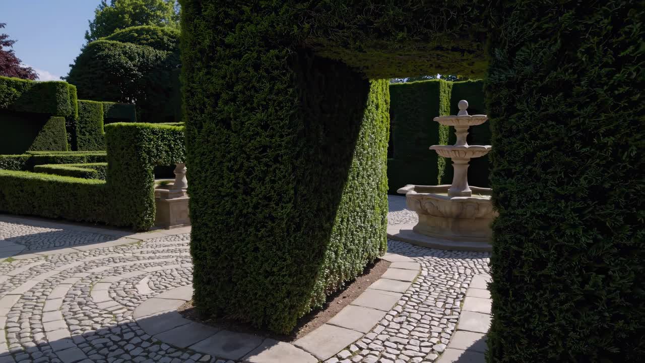 Aerial video captures a lush, green hedge maze under a clear blue sky, showcasing intricate pathways