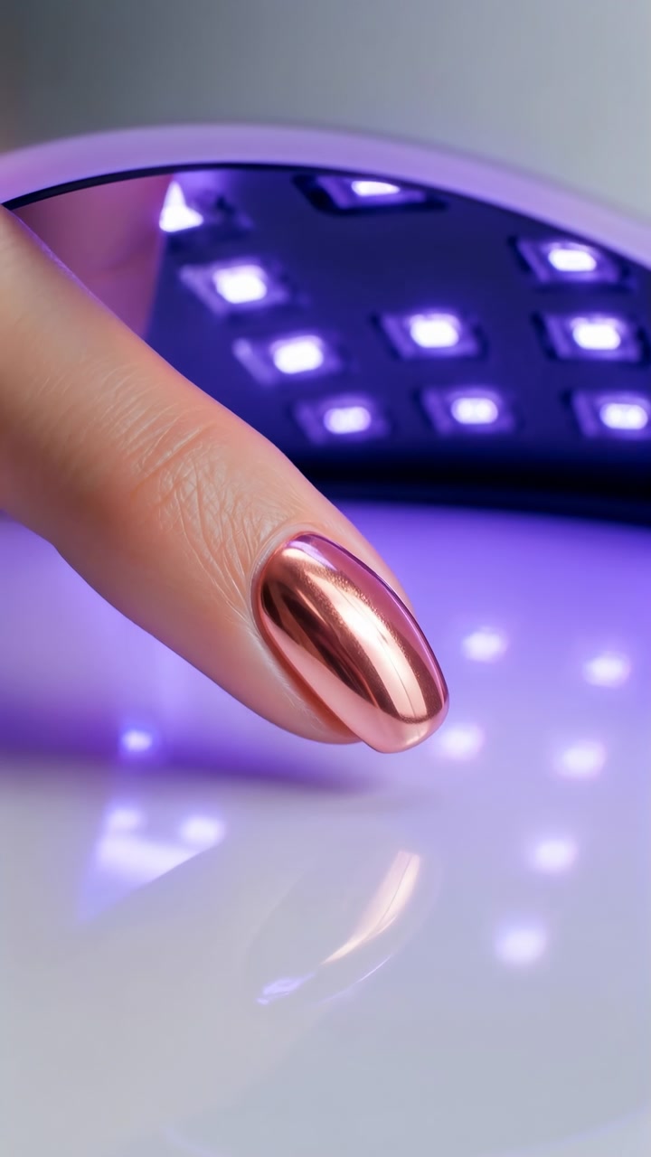 Pegefinger med kromlignende rosaguld gelnegle, der bevæger sig under en lilla LED-hærdelampe under en manicurebehandling, med koncentrerede højdepunkter, blød glød, rene salonomgivelser og polerede skønhedsdetaljer.