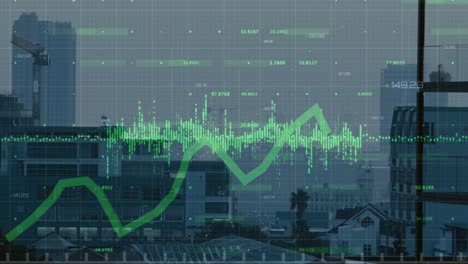 Animation-Von-Diagrammen-Mit-Wechselnden-Zahlen-über-Gittermuster-Vor-Dem-Hintergrund-Moderner-Gebäude-Vor-Dem-Himmel