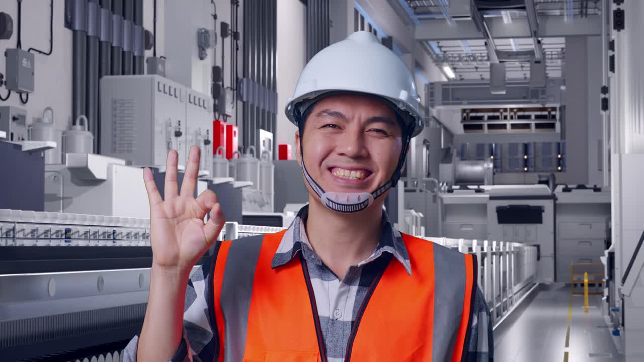 Close Up Of Asian Male Engineer With Safety Helmet Smiling And Showing Okay Gesture To The Camera While Standing At Pharmaceutical Factory, Vaccine Production Facility