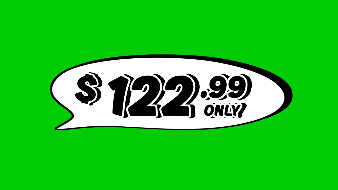 $122.99 price tag in speech bubble animation motion graphics on green screen background. Perfect for ads, e-commerce, retail, discounts, and promotion business concept video element