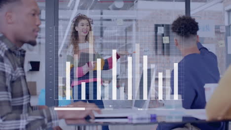 bar chart animation over diverse business team discussing in modern office