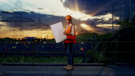 full body side view of asian female engineer with safety helmet looking at blueprint in her hands and looking around while standing near high voltage tower