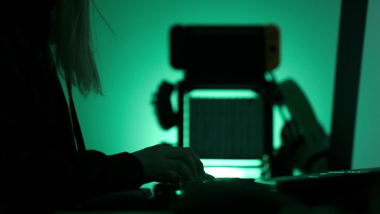 una hackergirl criminal con capucha negra que usa una computadora portátil y computadoras grandes para hackear el sistema de red desde su oscuro cuarto de neón hacker