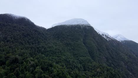 Aerial-orbit-and-snow-capped-mountains,-Tagua-Tagua-Lake,-southern-Chile