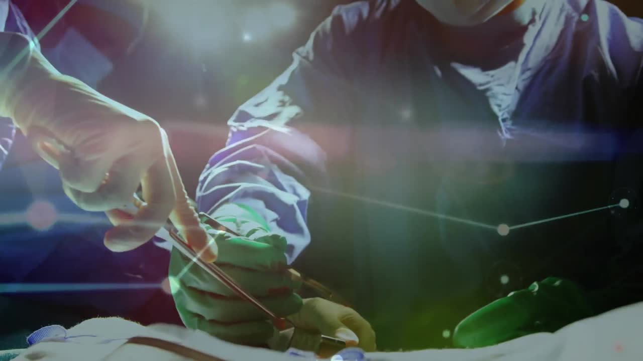 수술실의 외과 의사들 간의 연결 네트워크의 애니메이션