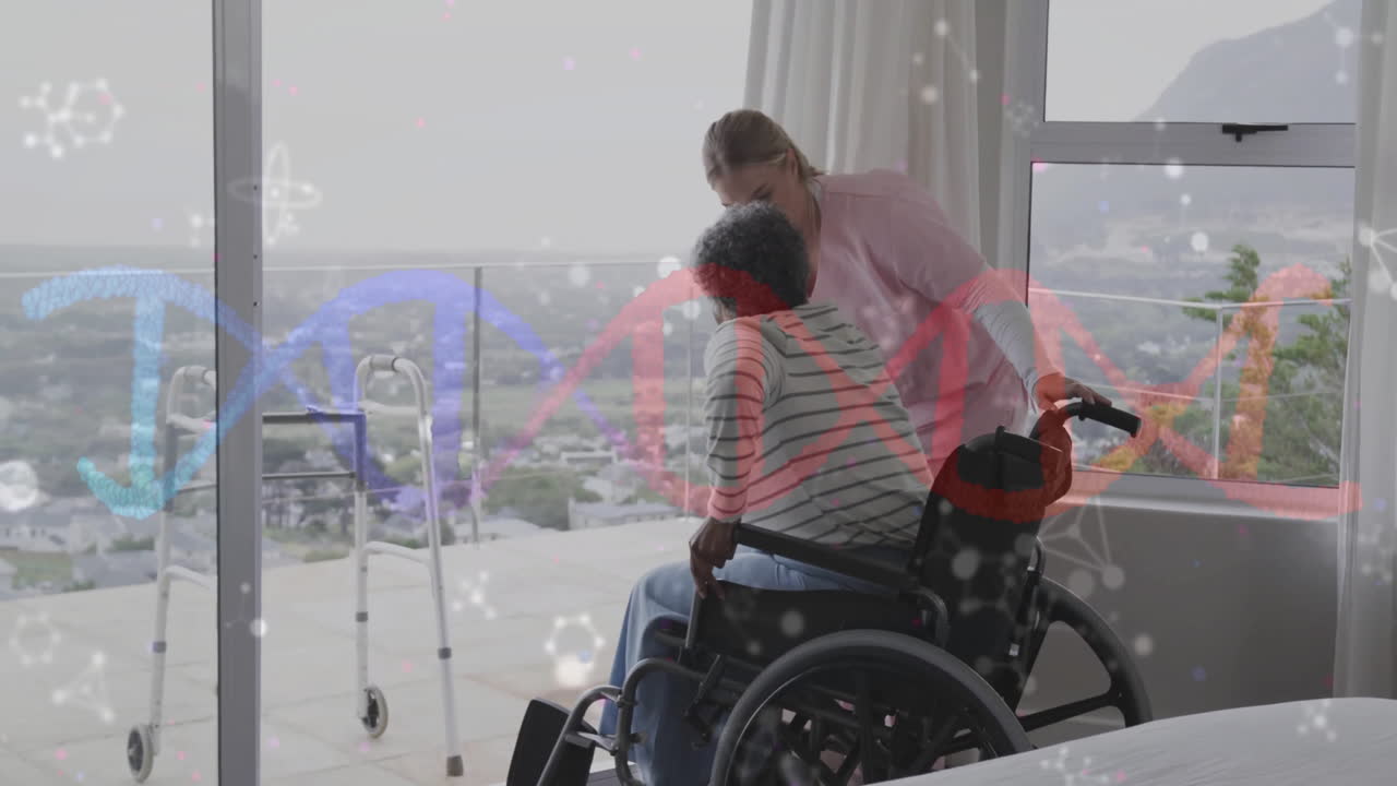 animación de datos y cadena de adn sobre fisioterapeuta caucásico con paciente femenina de edad avanzada