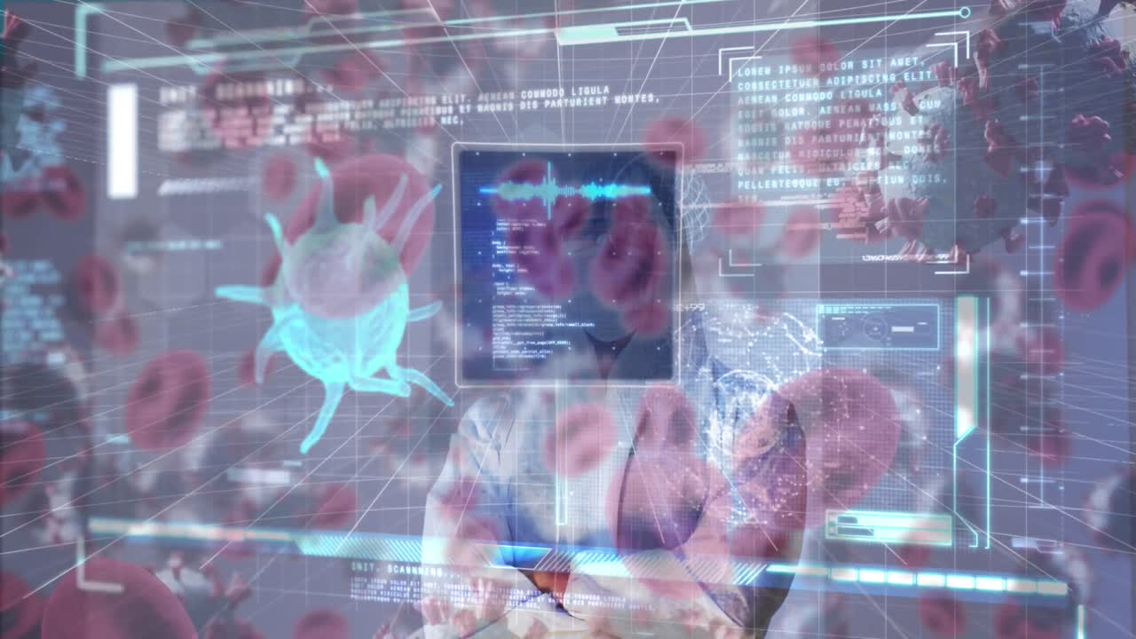 Animation of cells and digital interface over male doctor wearing face mask