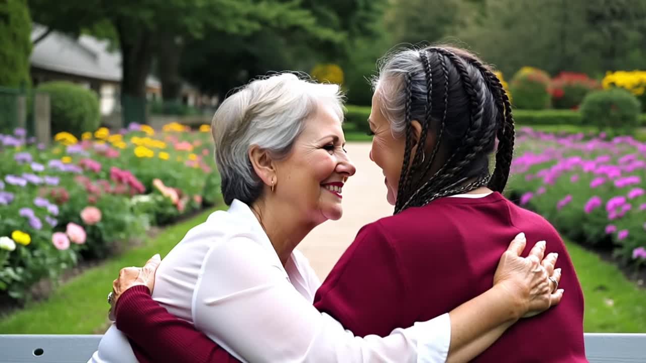 Joyful Elderly Women Embracing in a Colorful Garden