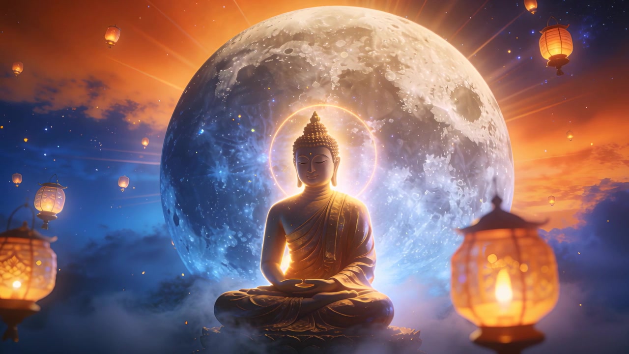 Lanterne galleggianti che illuminano un alone dietro un Buddha seduto con la luna piena di notte, per un omaggio rituale