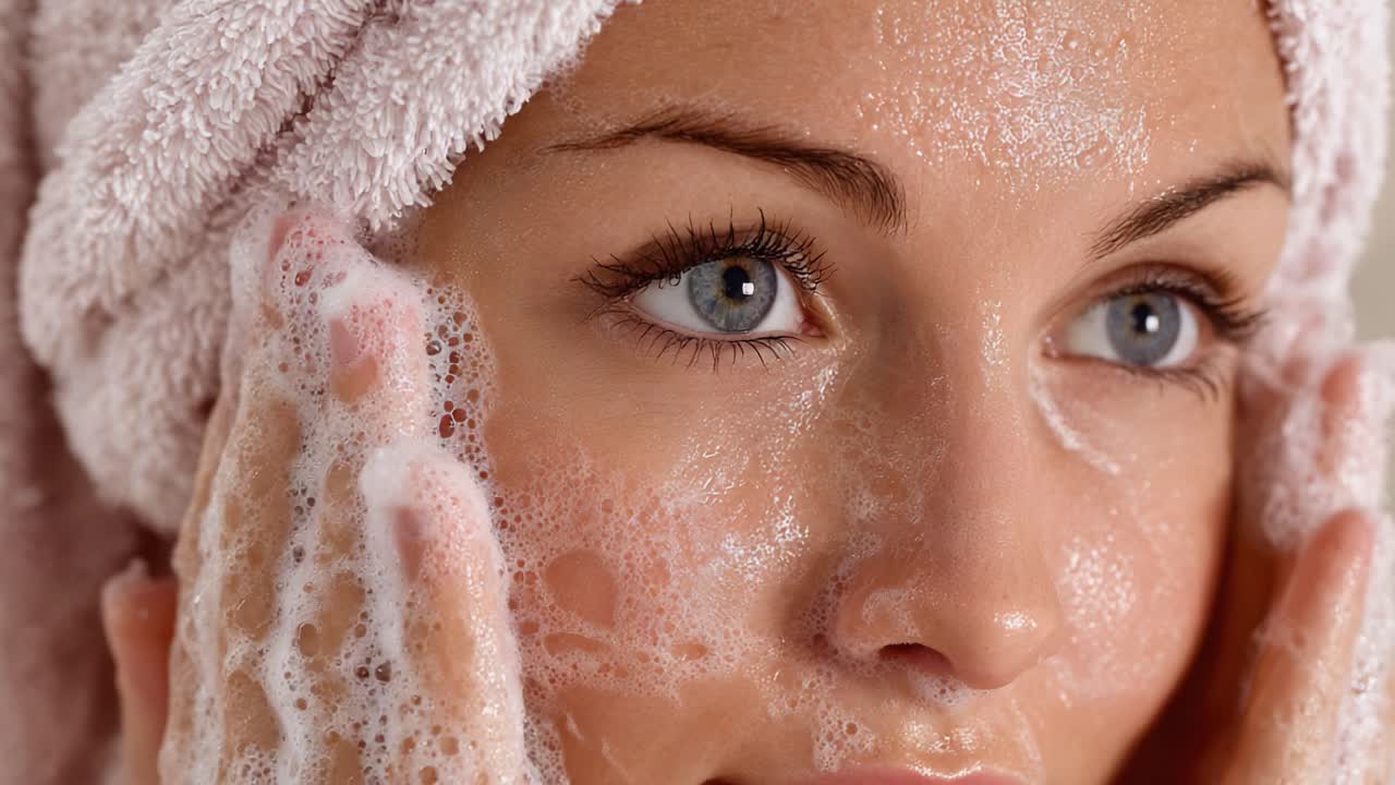A Close-Up of a Woman's Face While Cleansing with Foam, Highlighting Skincare Routine and Care Essentials for a Radiant Complexion