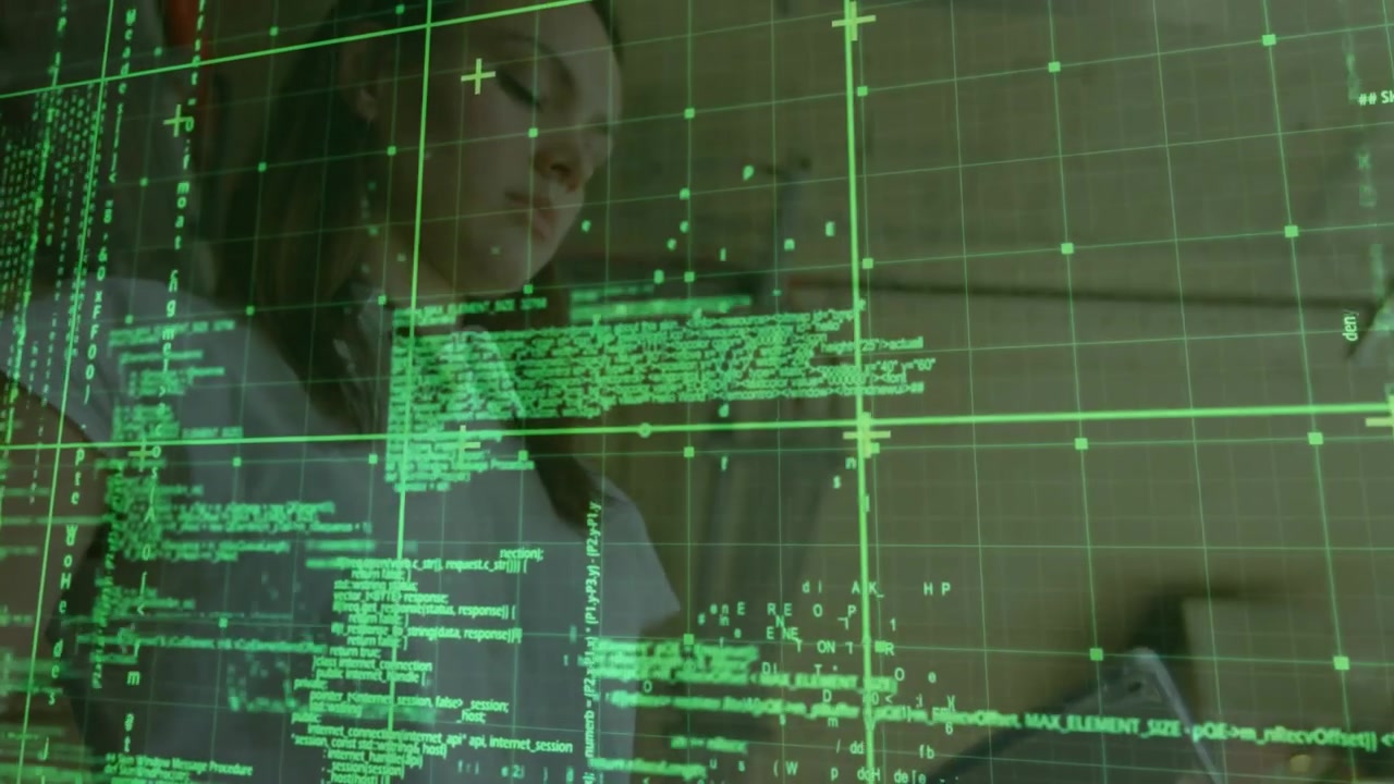 Female analyst using tablet, causing green grid overlay to show reflection while analyzing data
