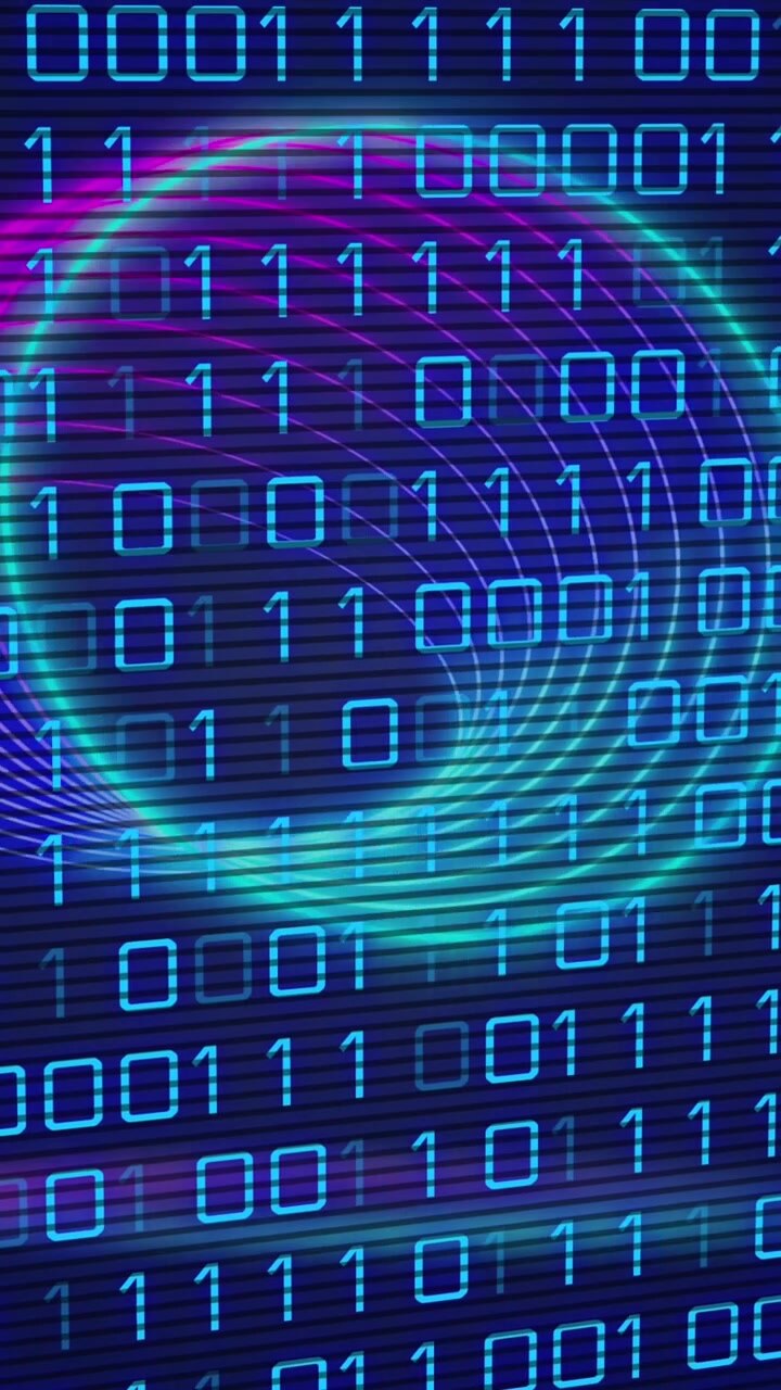 Animation of neon circles over digital screen with binary code
