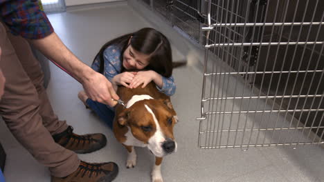 una chica feliz conociendo a su perro.