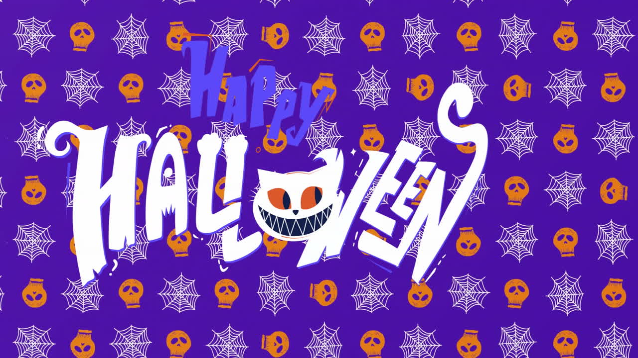 Animazione del testo Happy Halloween su sfondo viola con teschi e ragnatele
