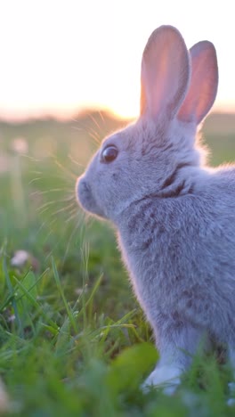 a cute grey rabbit sitting in green grass during sunset