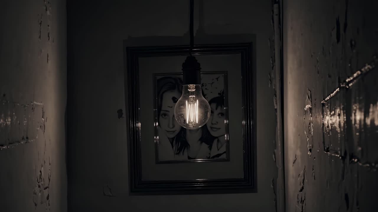 Old light bulb hanging in front of eerie family portrait