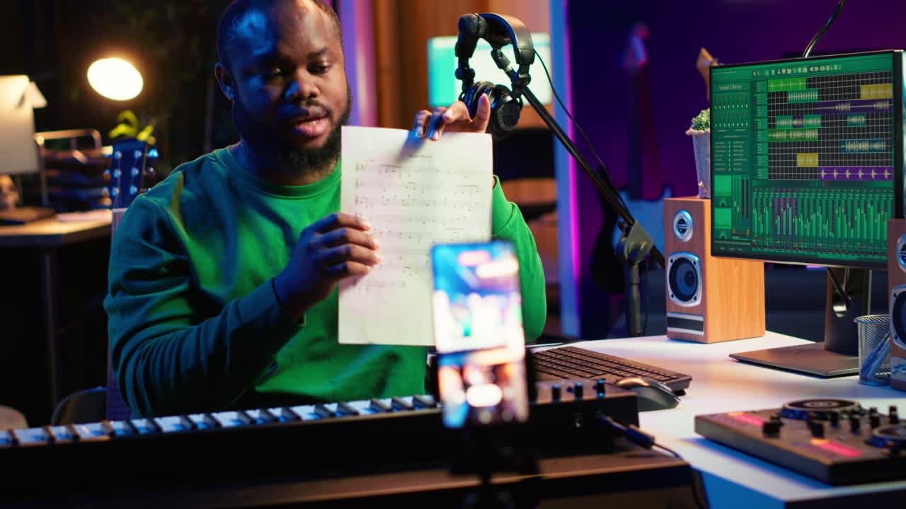 Talented composer explaining musical sheet notes during online master class