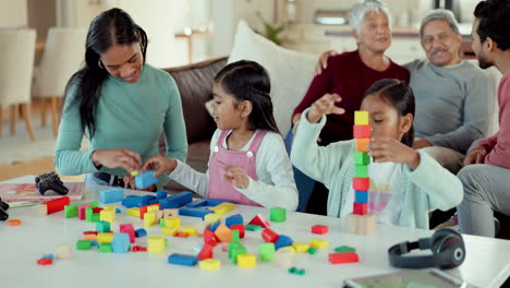 home, family and building blocks with children