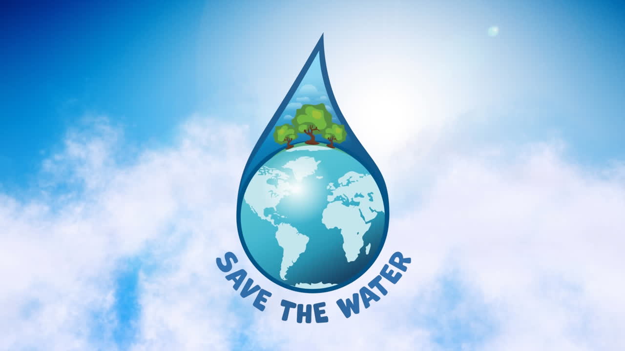 Animation of globe and save the water in water drop over sky