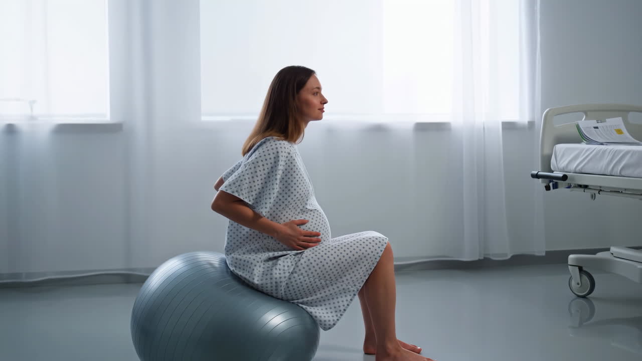 Gravid kvinne på fødeball praktiserer prenatal pusting og forsiktige bekkenvipp, iført