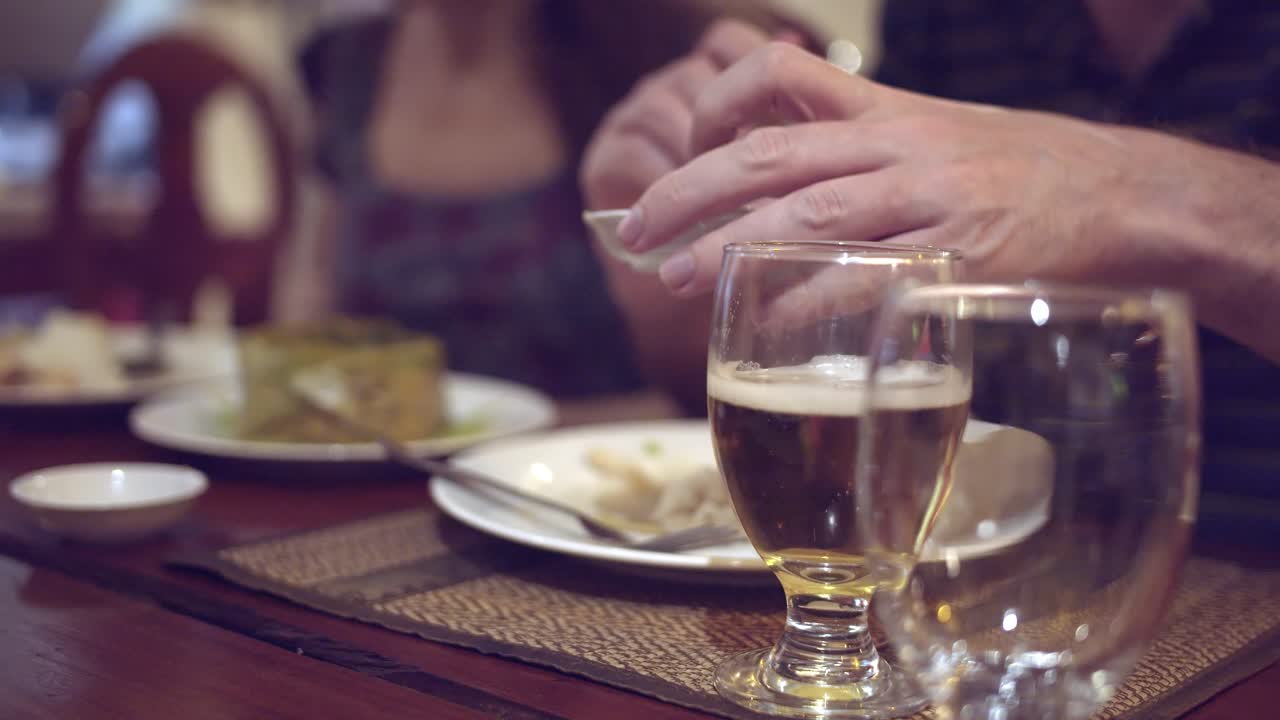 Dining table with drinks and food