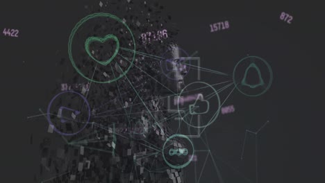 animation of data processing and network of connections with icons over digital human model